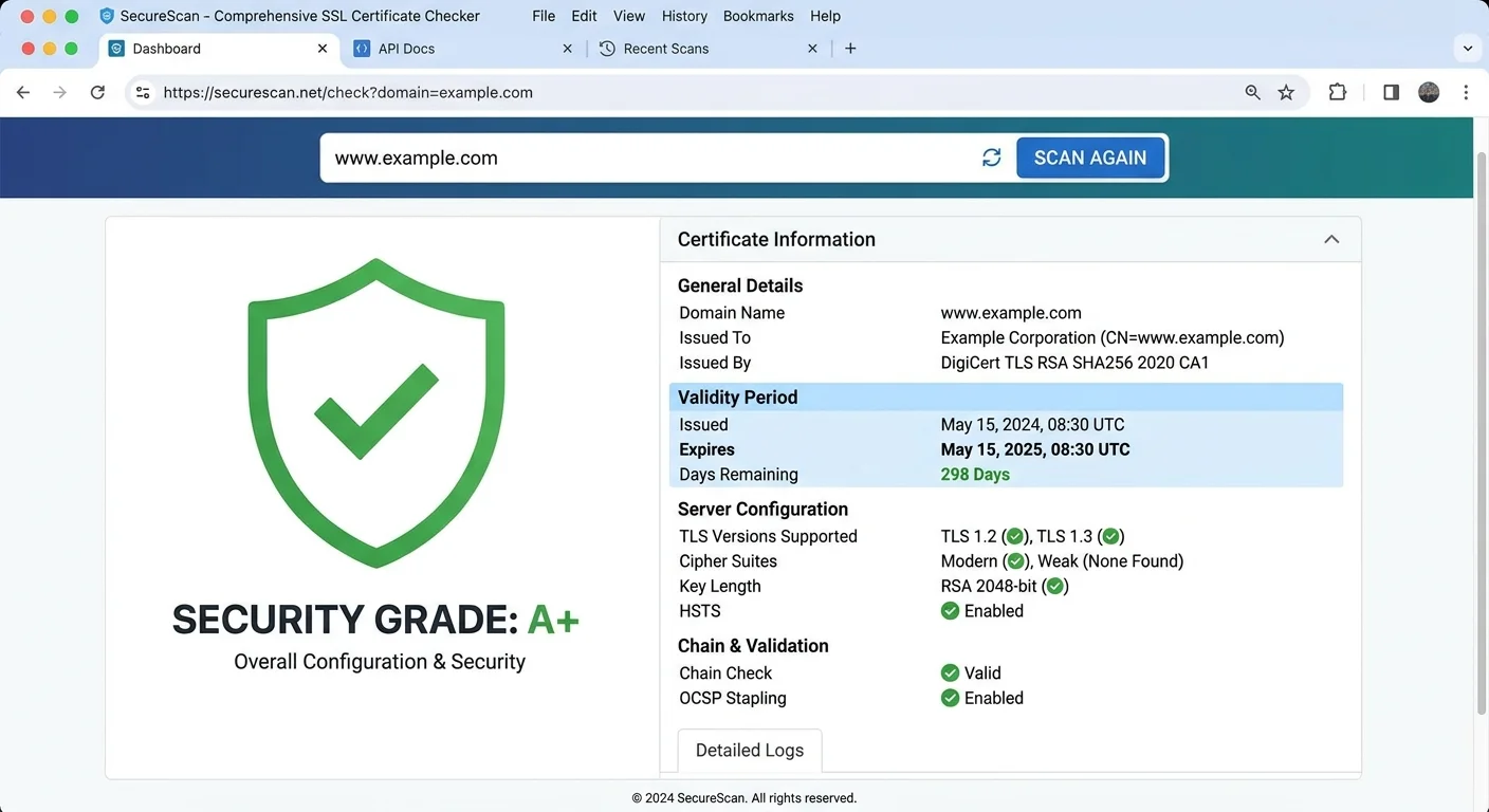 SSL certificate checker tool scanning a website and showing results