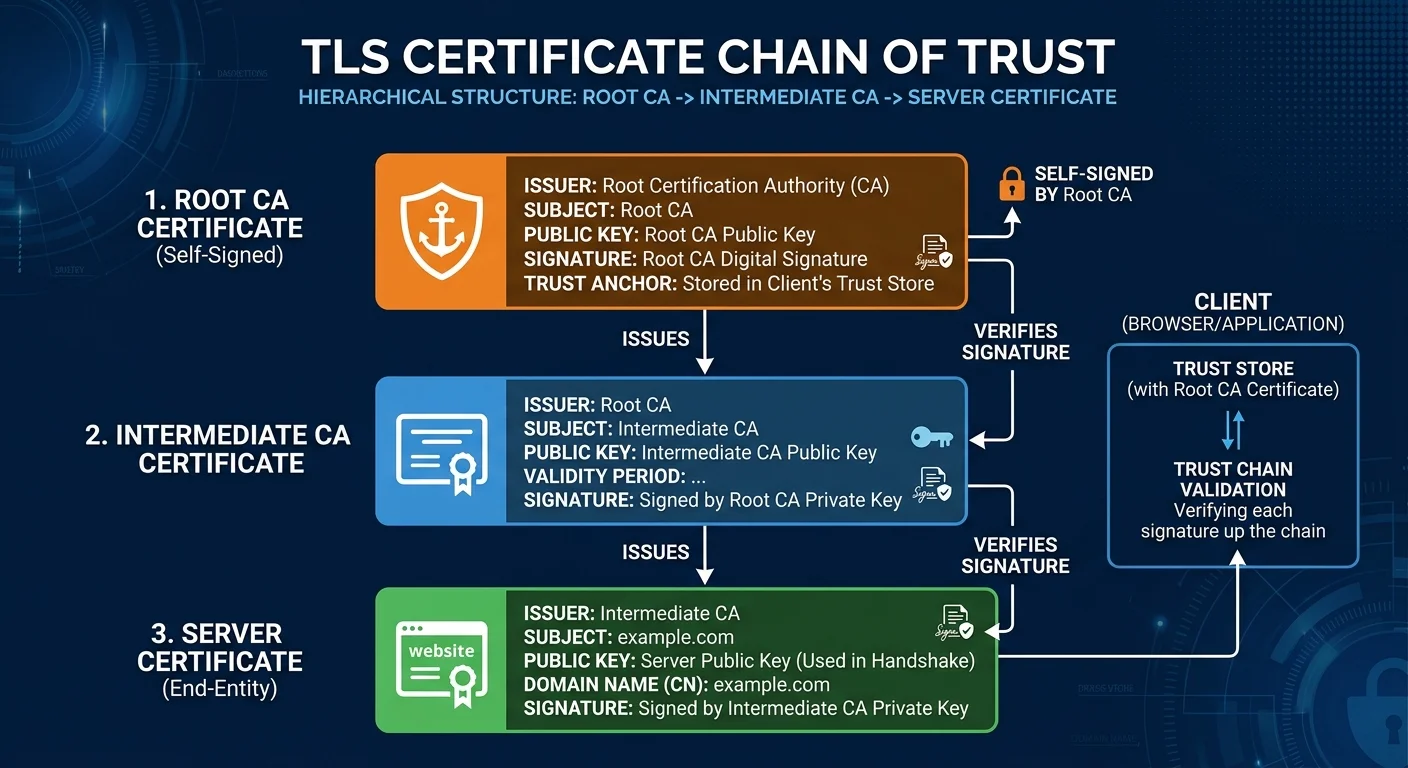 Diagram of SSL TLS certificate chain of trust from root to server