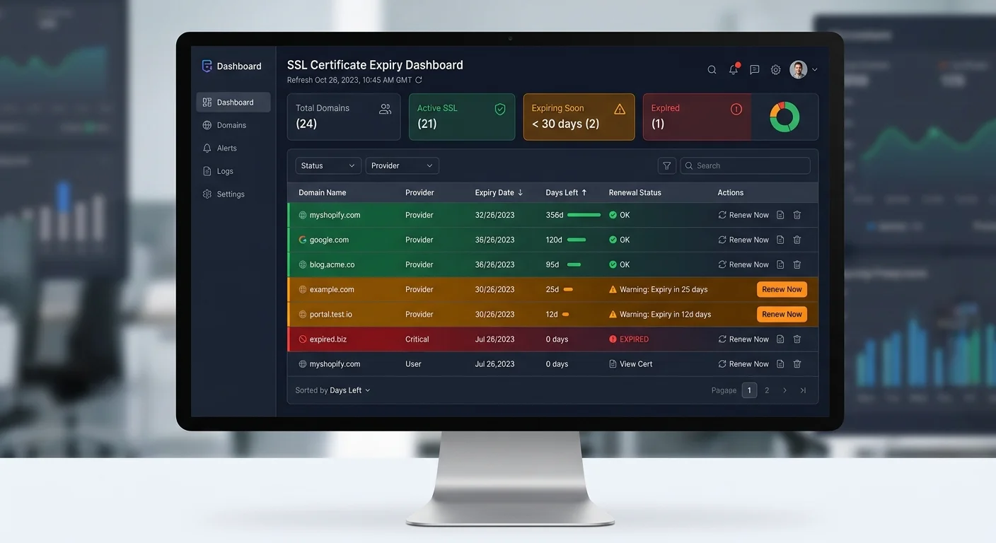 SSL checker dashboard displaying certificate expiry dates and website security status