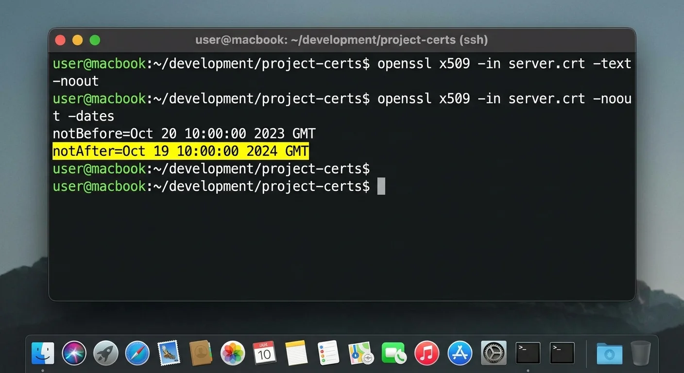 OpenSSL command line output displaying TLS certificate expiration date for a domain
