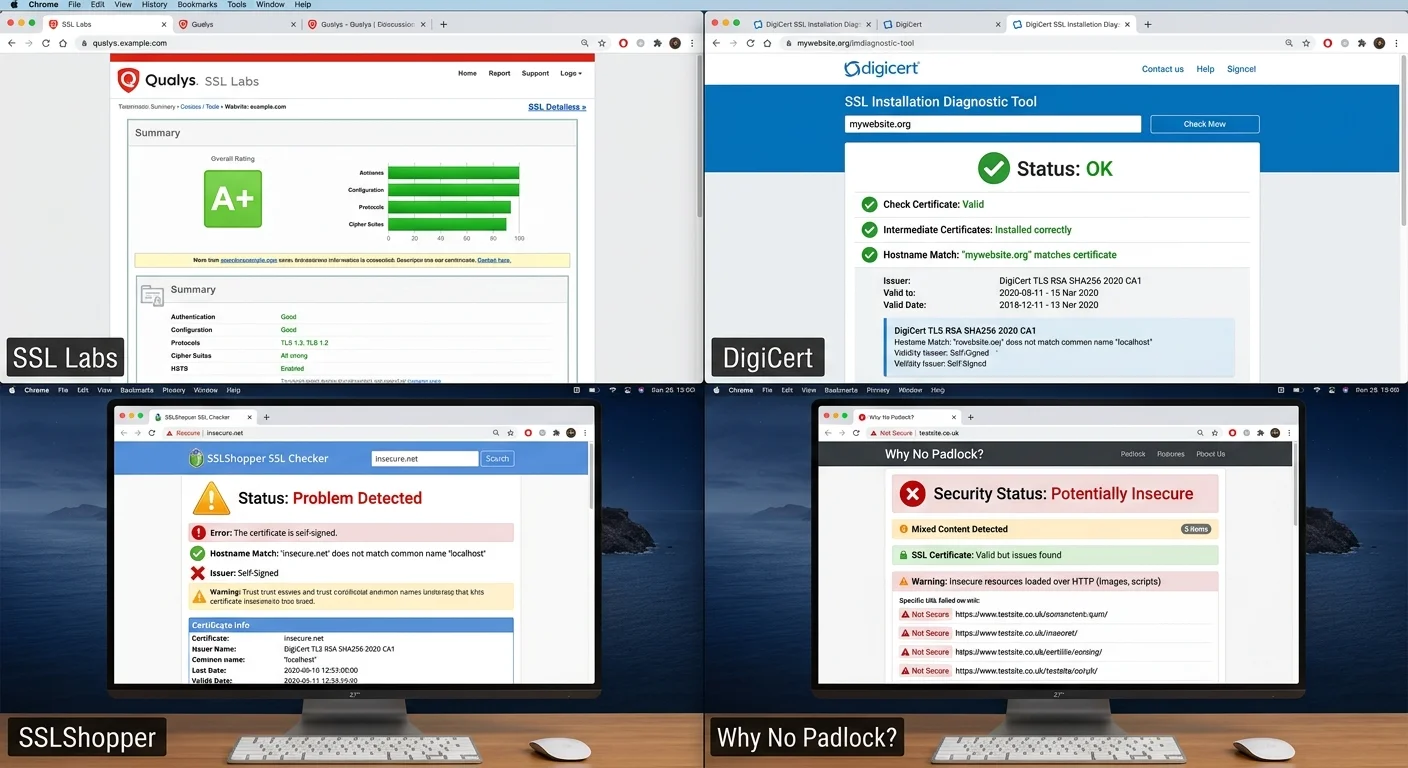 Comparison of five SSL checker tool interfaces displaying scan results