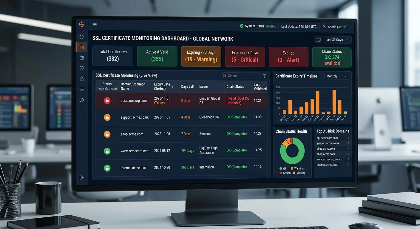 SSL checker dashboard displaying certificate health status across multiple domains