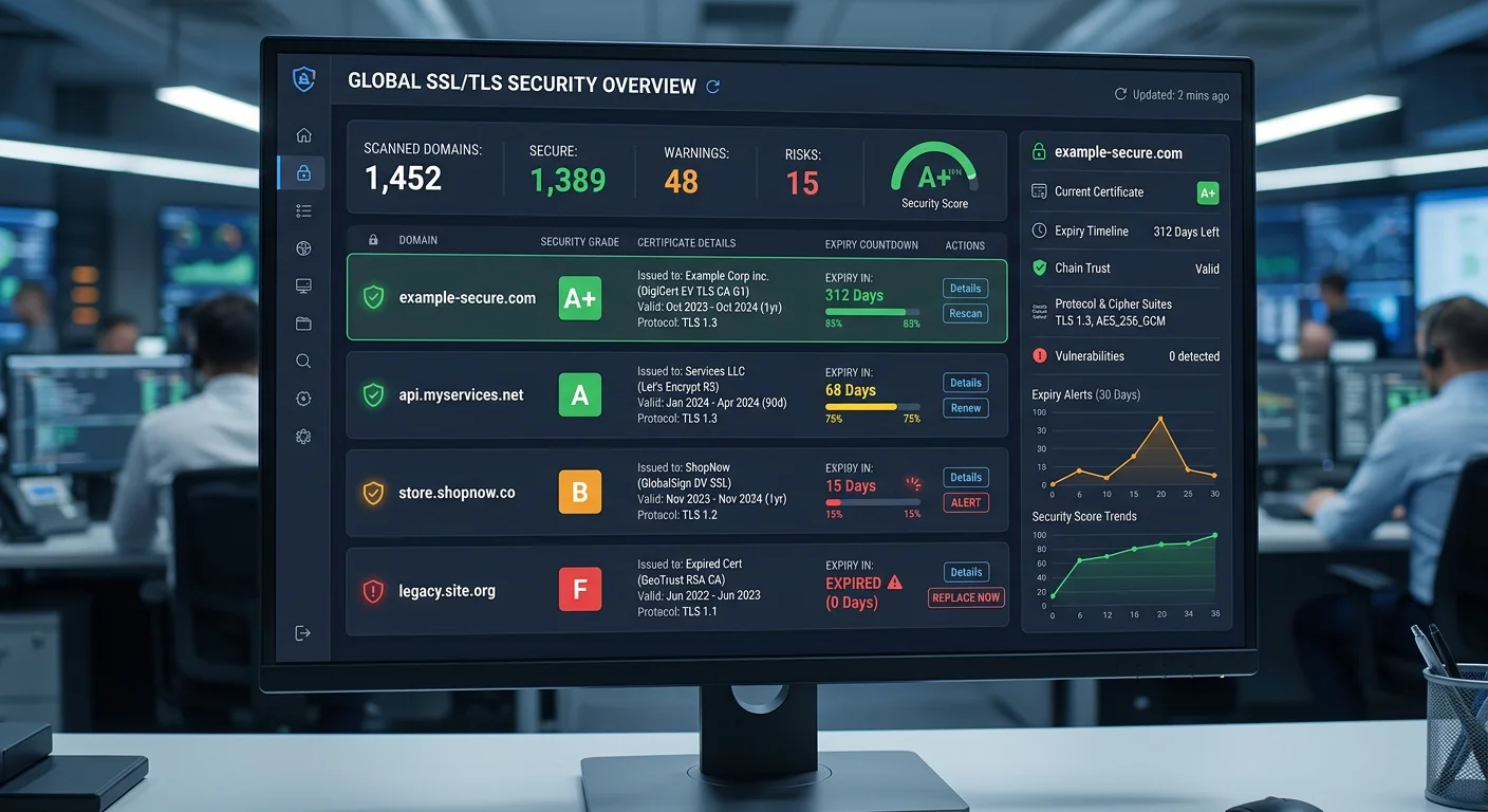 SSL certificate checker dashboard displaying scan results and security grade